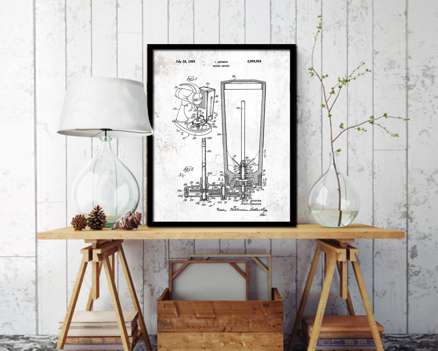 Mixing device Kitchen Vintage Patent Artwork Black Frame Print Wall Art Decor Gifts