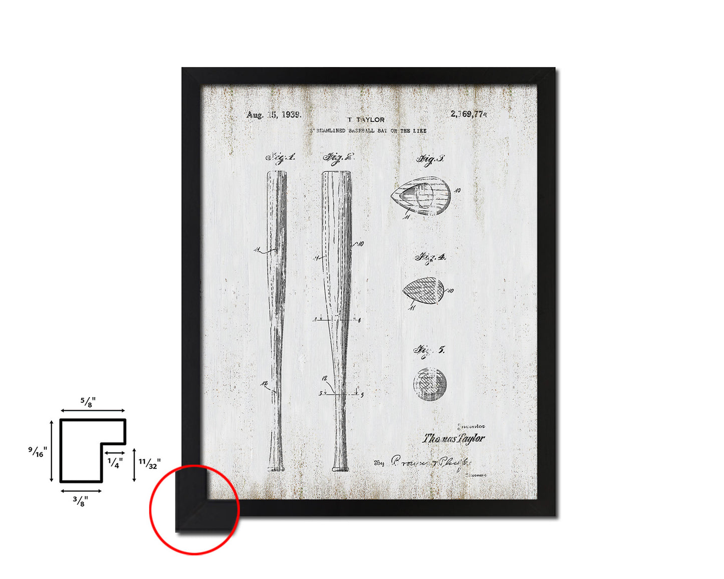 Baseball Bat Sports Vintage Patent Artwork Black Frame Print Wall Art Decor Gifts