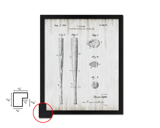 Baseball Bat Sports Vintage Patent Artwork Black Frame Print Wall Art Decor Gifts