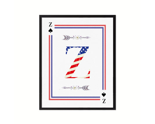 Letter Z Custom Monogram Card Decks Spade American Flag Framed Print Wall Art Decor Gifts