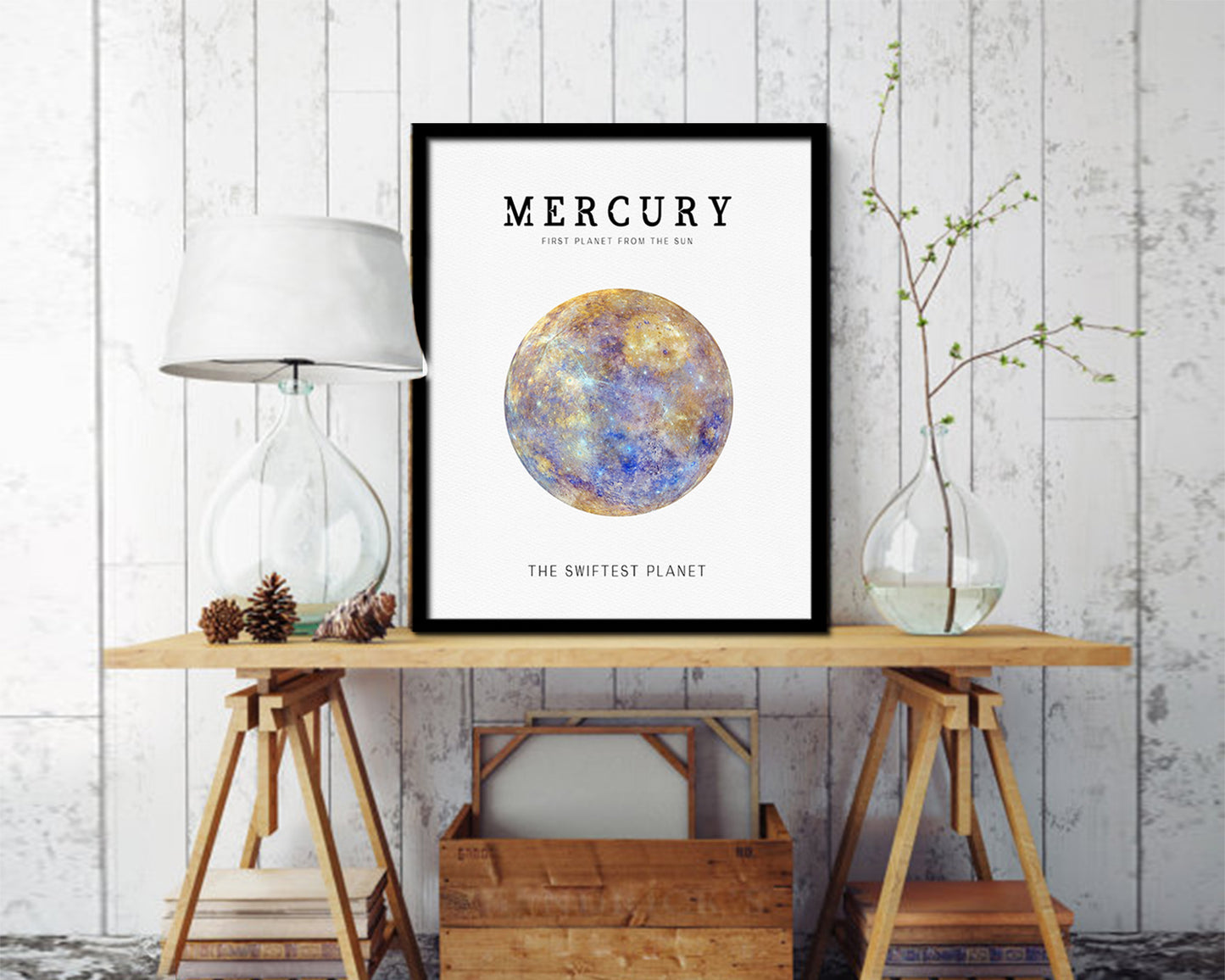 Mercury Planet Prints Watercolor Solar System Wood Framed Paper Print Wall Art Decor Gifts