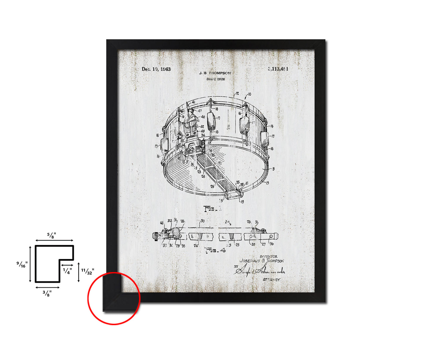 Snare Drum Music Vintage Patent Artwork Black Frame Print Wall Art Decor Gifts