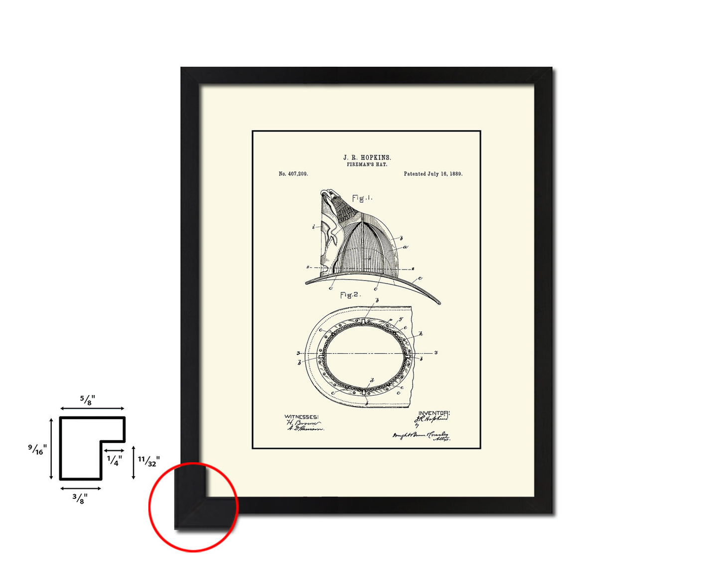 Fireman's Hat1889 Firefighter Vintage Patent Artwork Black Frame Print Gifts