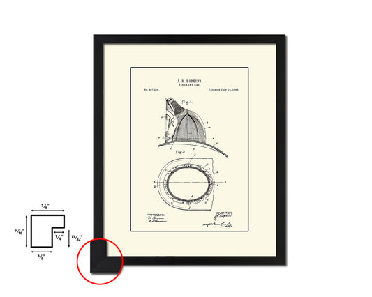 Fireman's Hat1889 Firefighter Vintage Patent Artwork Black Frame Print Gifts