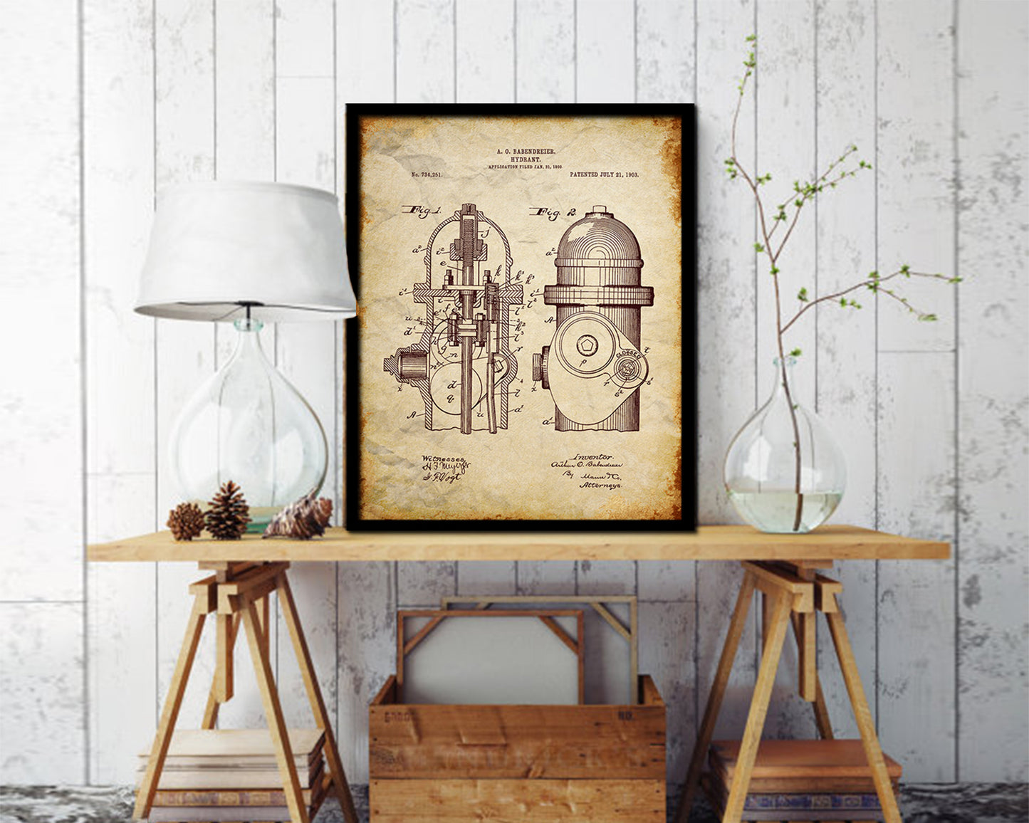 Hydrant Firefighter Vintage Patent Artwork Walnut Frame Gifts