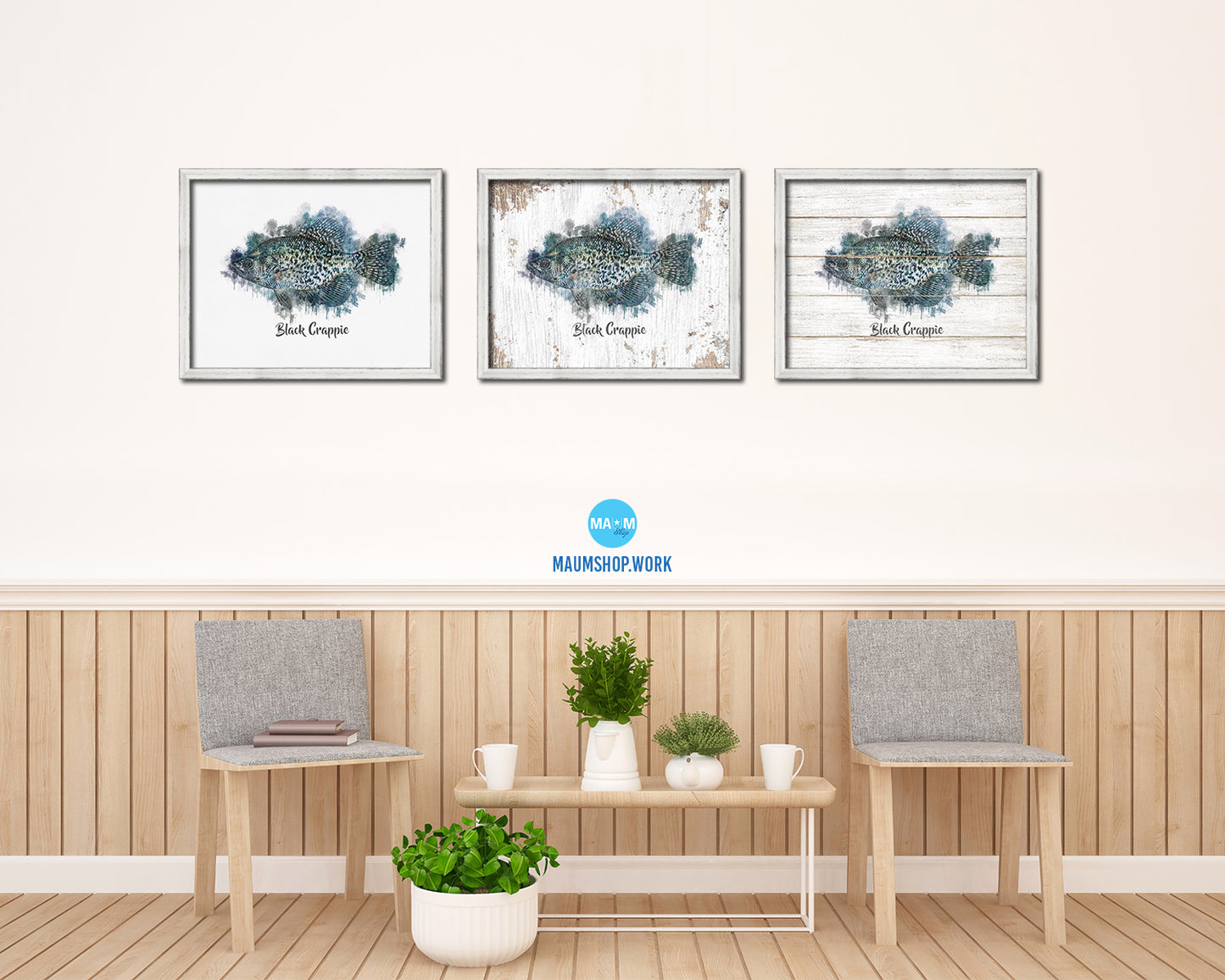 Black Crappie Fish Framed Prints Modern Restaurant Sushi Bar Watercolor Wall Art Decor