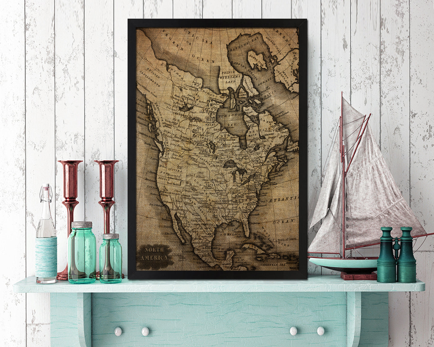 North America Vintage Map Wood Framed Print Art Wall Decor Gifts