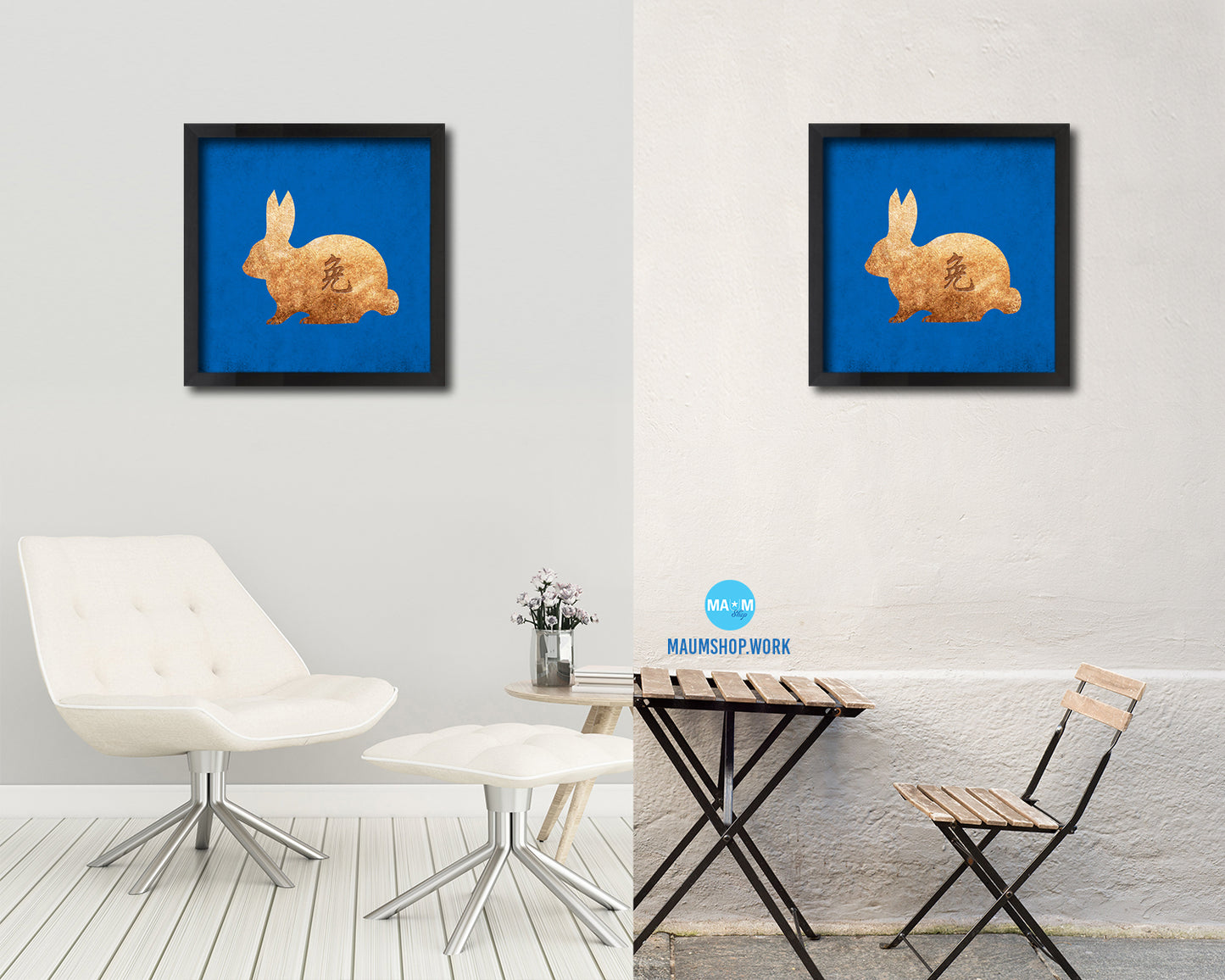 Rabbit Chinese Zodiac Character Wood Framed Print Wall Art Decor Gifts, Blue