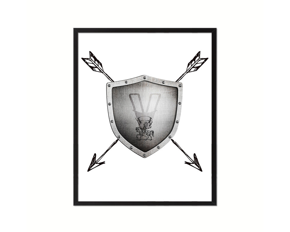 Letter V Medieval Castle Knight Shield Sword Monogram Framed Print Wall Art Decor Gifts