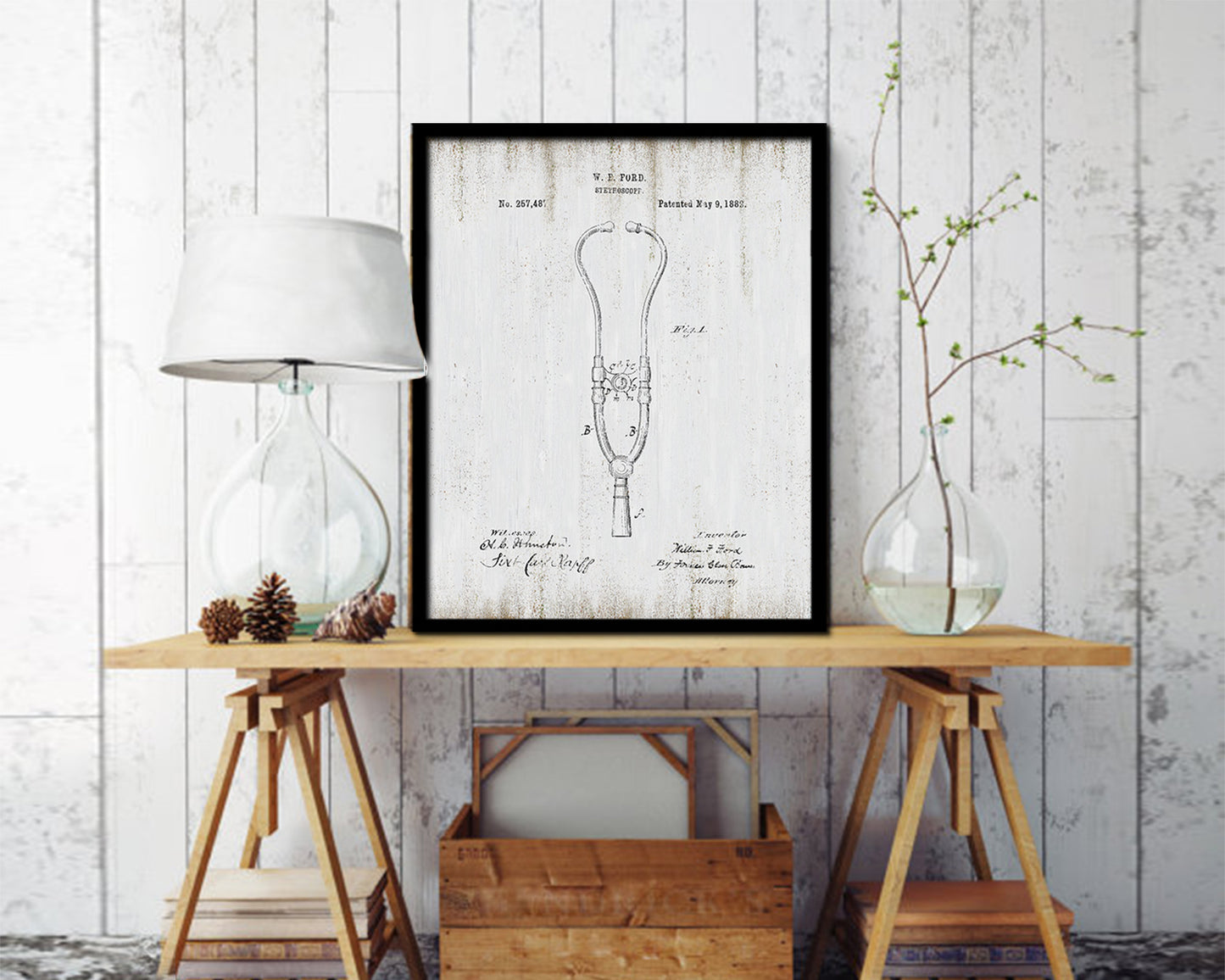 Tools Ford Stethoscope Doctor Vintage Patent Artwork Black Frame Print Gifts