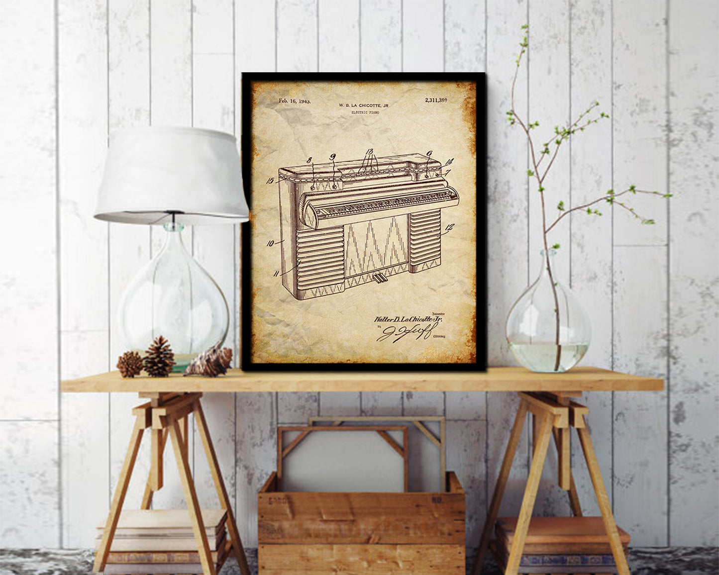 Piano Electric Music Vintage Patent Artwork Walnut Frame Print Wall Art Decor Gifts