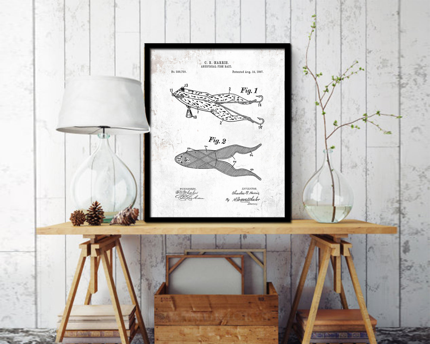 Artificial Fish Frog Bait Fishing Vintage Patent Artwork Black Frame Print Gifts