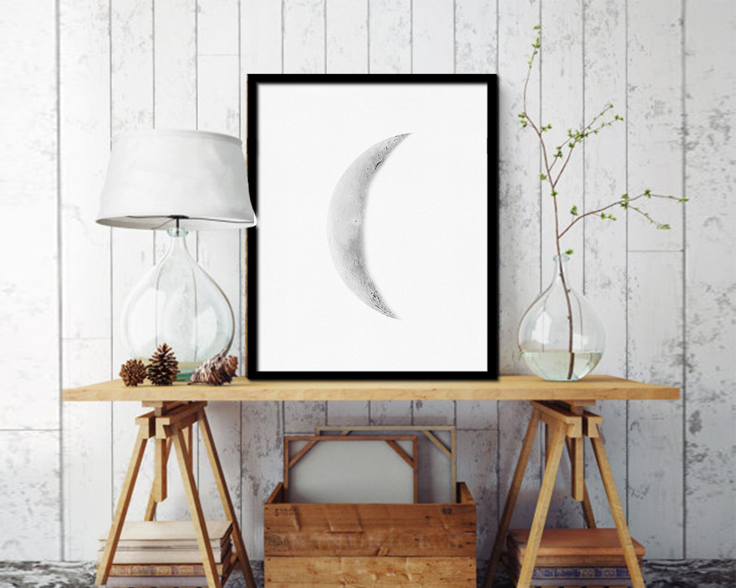 Waning Crescent Lunar Phases Moon Watercolor Nursery Framed Prints Home Decor Wall Art Gifts