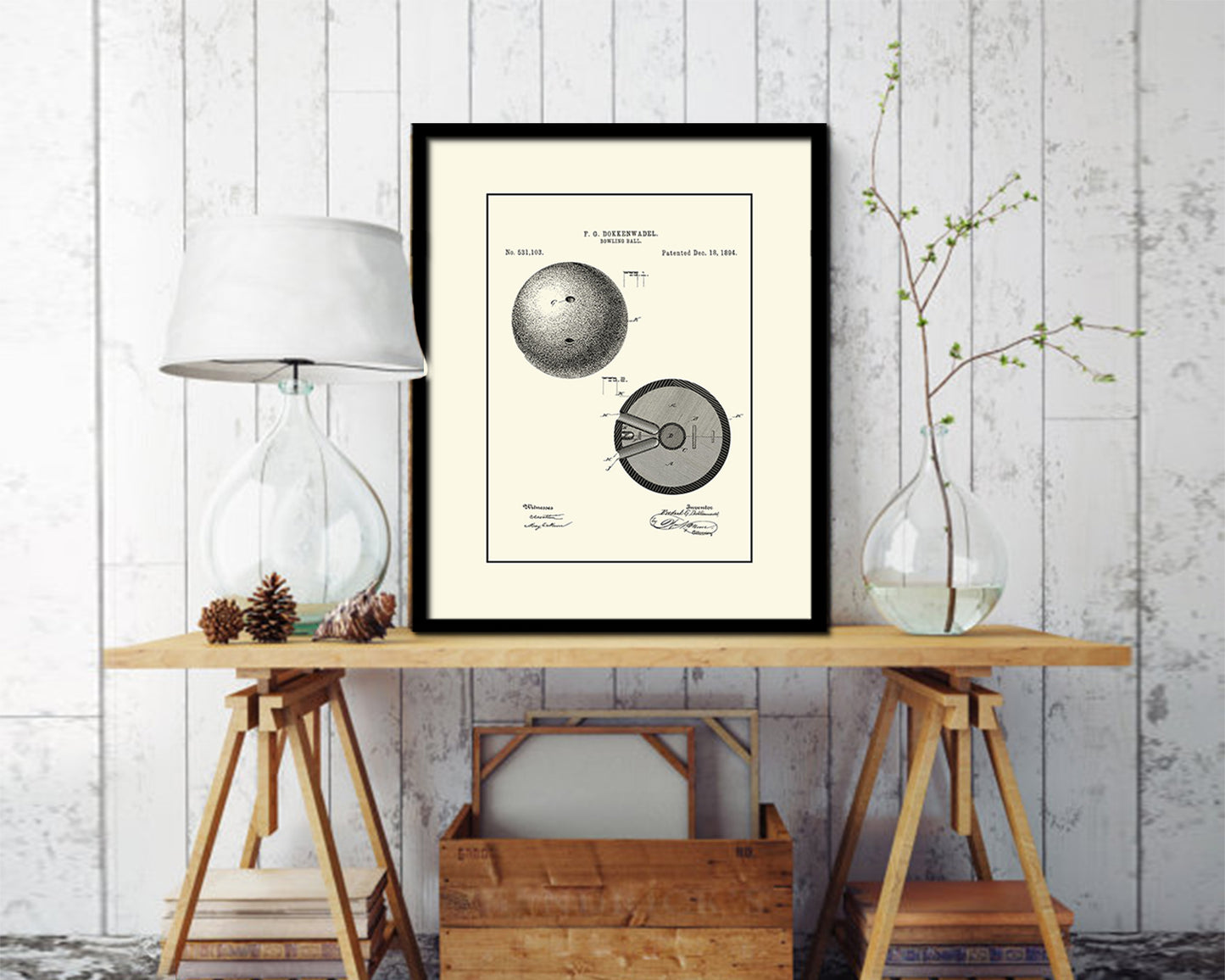 Bowling Ball Sports Vintage Patent Artwork Black Frame Print Gifts