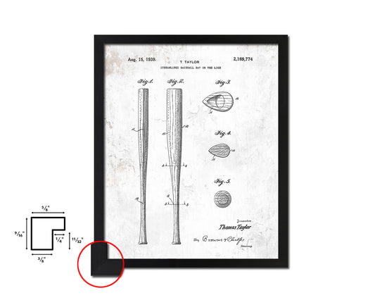 Baseball Bat Sports Vintage Patent Artwork Black Frame Print Wall Art Decor Gifts