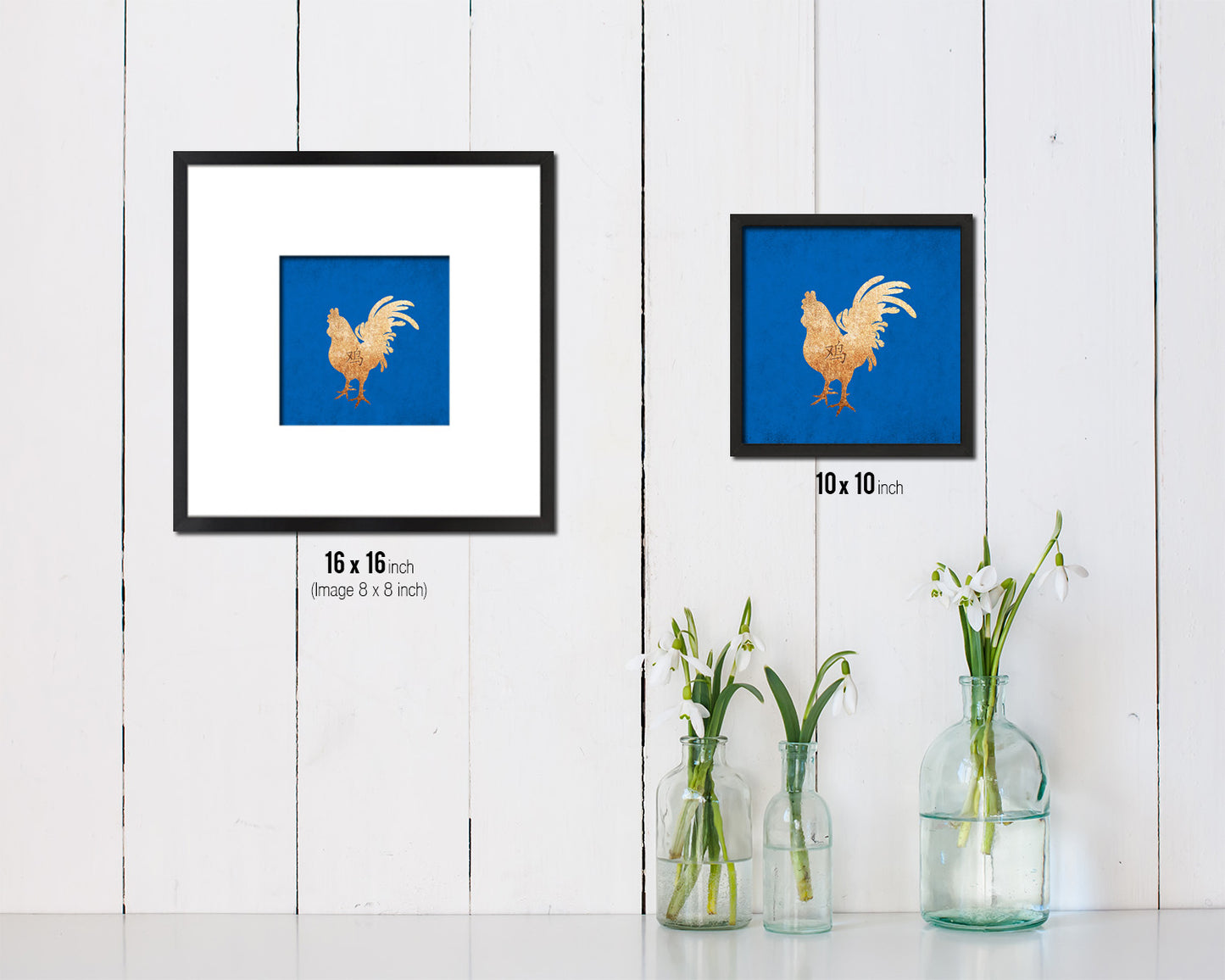 Rooster Chinese Zodiac Character Wood Framed Print Wall Art Decor Gifts, Blue