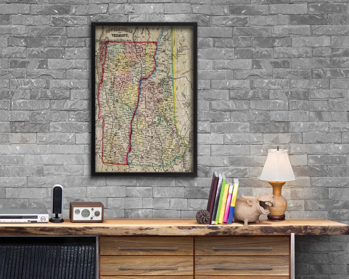 New Hampshire and Vermont Historical Map Wood Framed Print Art Wall Decor Gifts