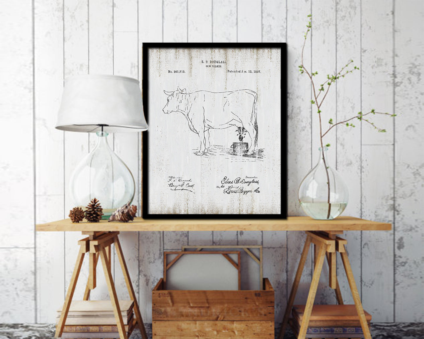 Cow Milker Farming Vintage Patent Artwork Black Frame Print Wall Art Decor Gifts