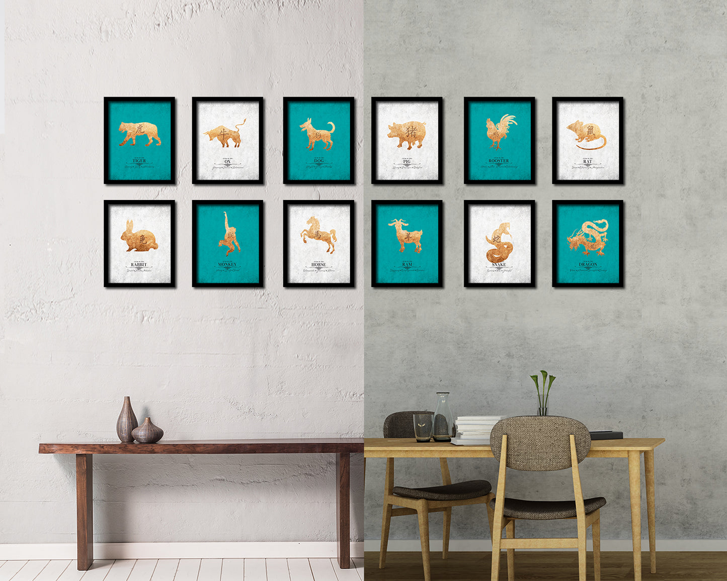 Ox Chinese Zodiac Character Black Framed Art Paper Print Wall Art Decor Gifts, Aqua