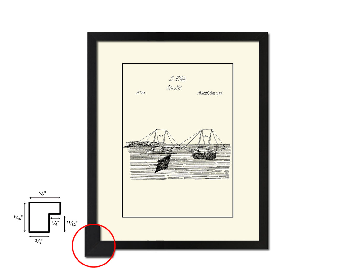 Fish Net Nautical Vintage Patent Artwork Black Frame Print Gifts