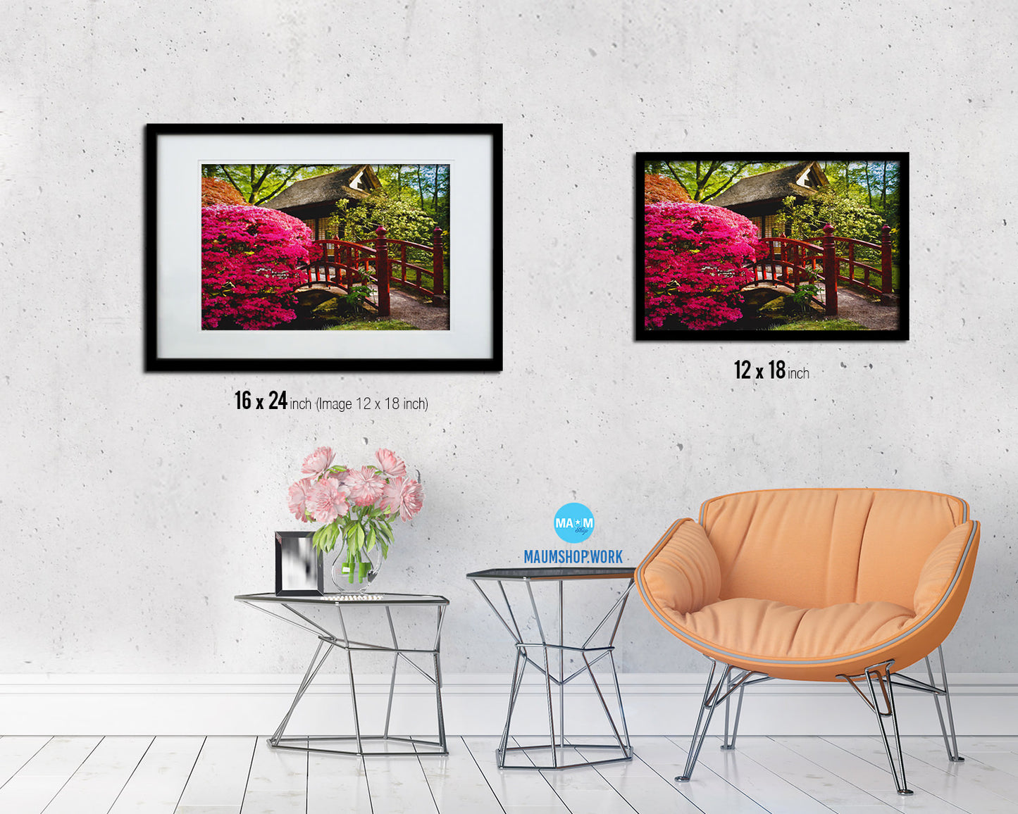 Japanese Garden Bridge and tea house Landscape Painting Print Art Frame Home Wall Decor Gifts