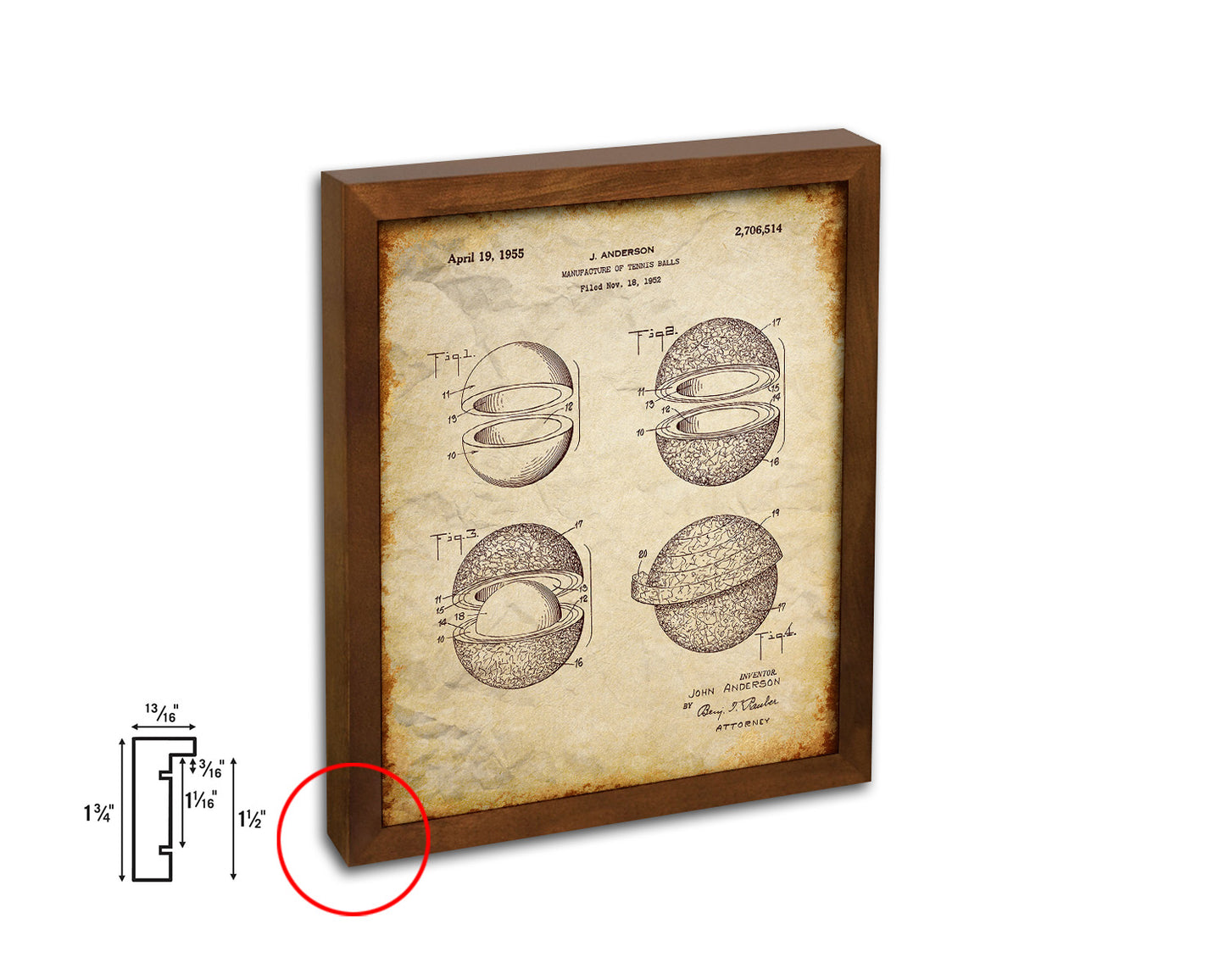 Tennis Ball Sports Vintage Patent Artwork Walnut Frame Gifts