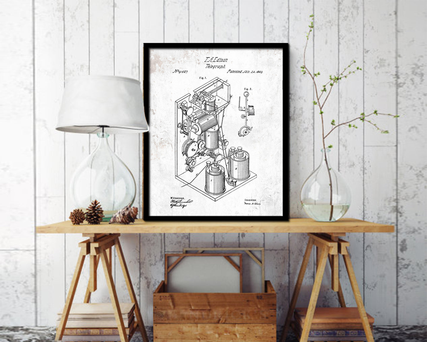 Telegraph Edison Vintage Patent Artwork Black Frame Print Wall Art Decor Gifts