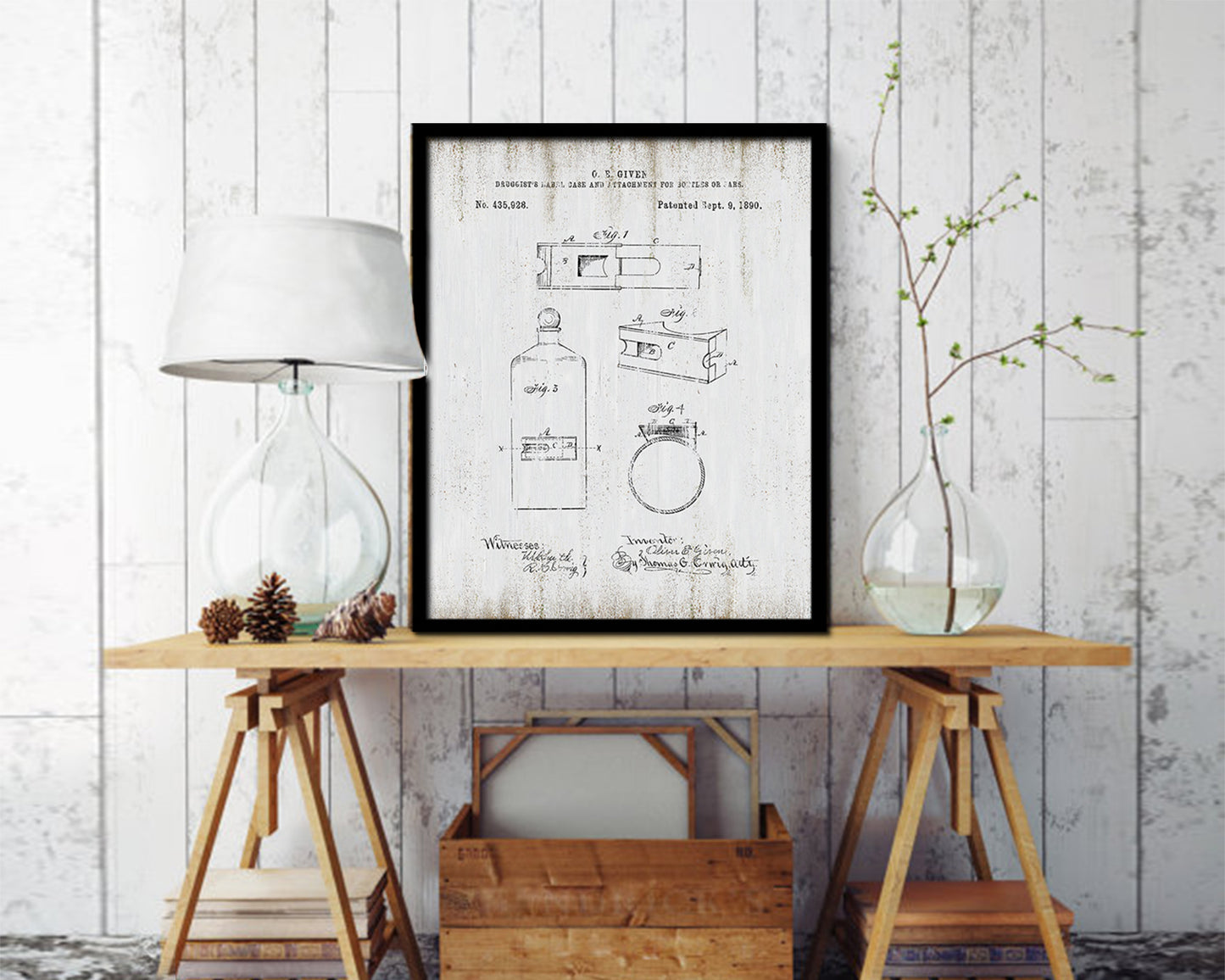 Label Case and Bottles or Jars Pharmacist Vintage Patent Artwork Black Frame Print Gifts