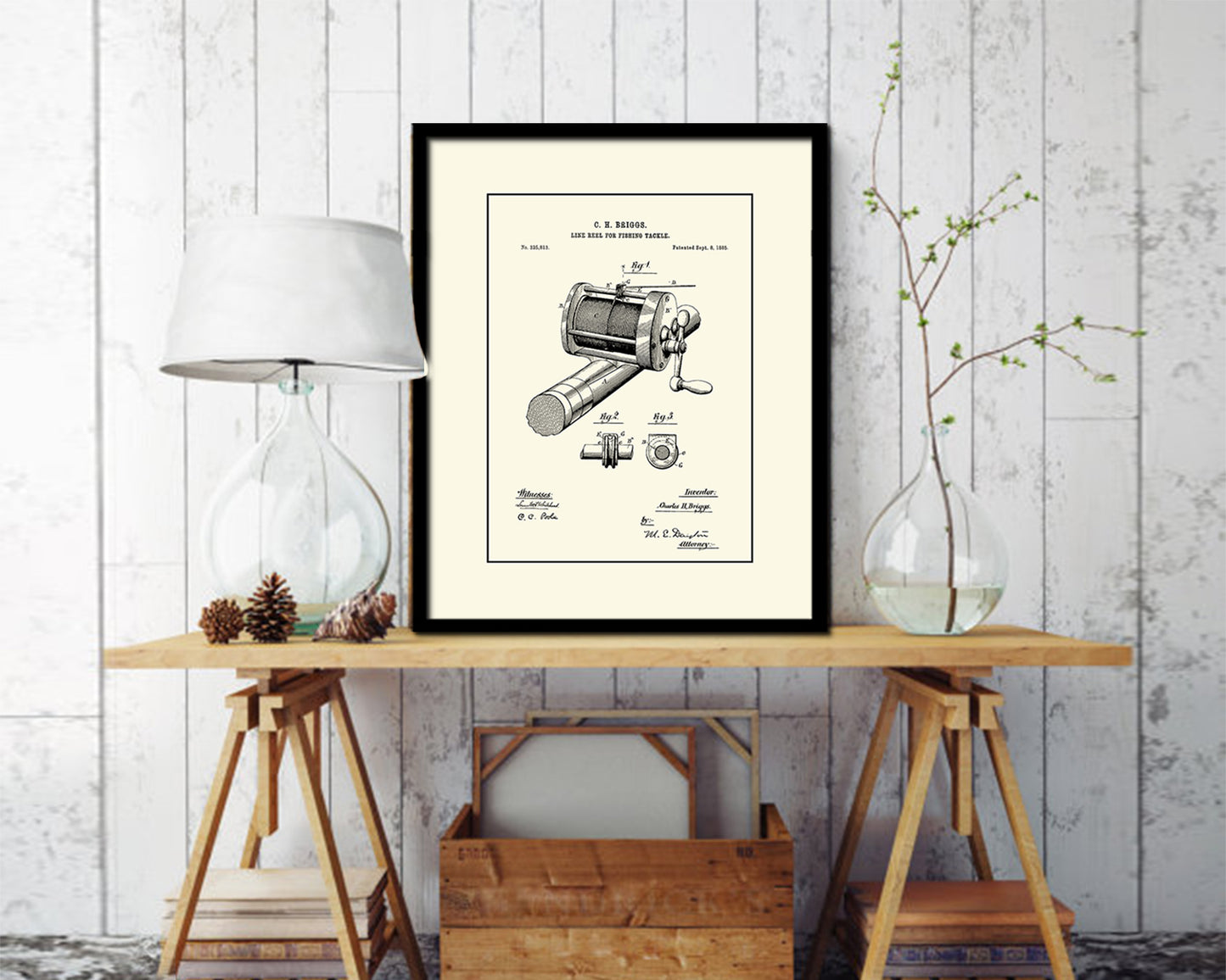 Line Reel Fishing Vintage Patent Artwork Black Frame Print Wall Art Decor Gifts