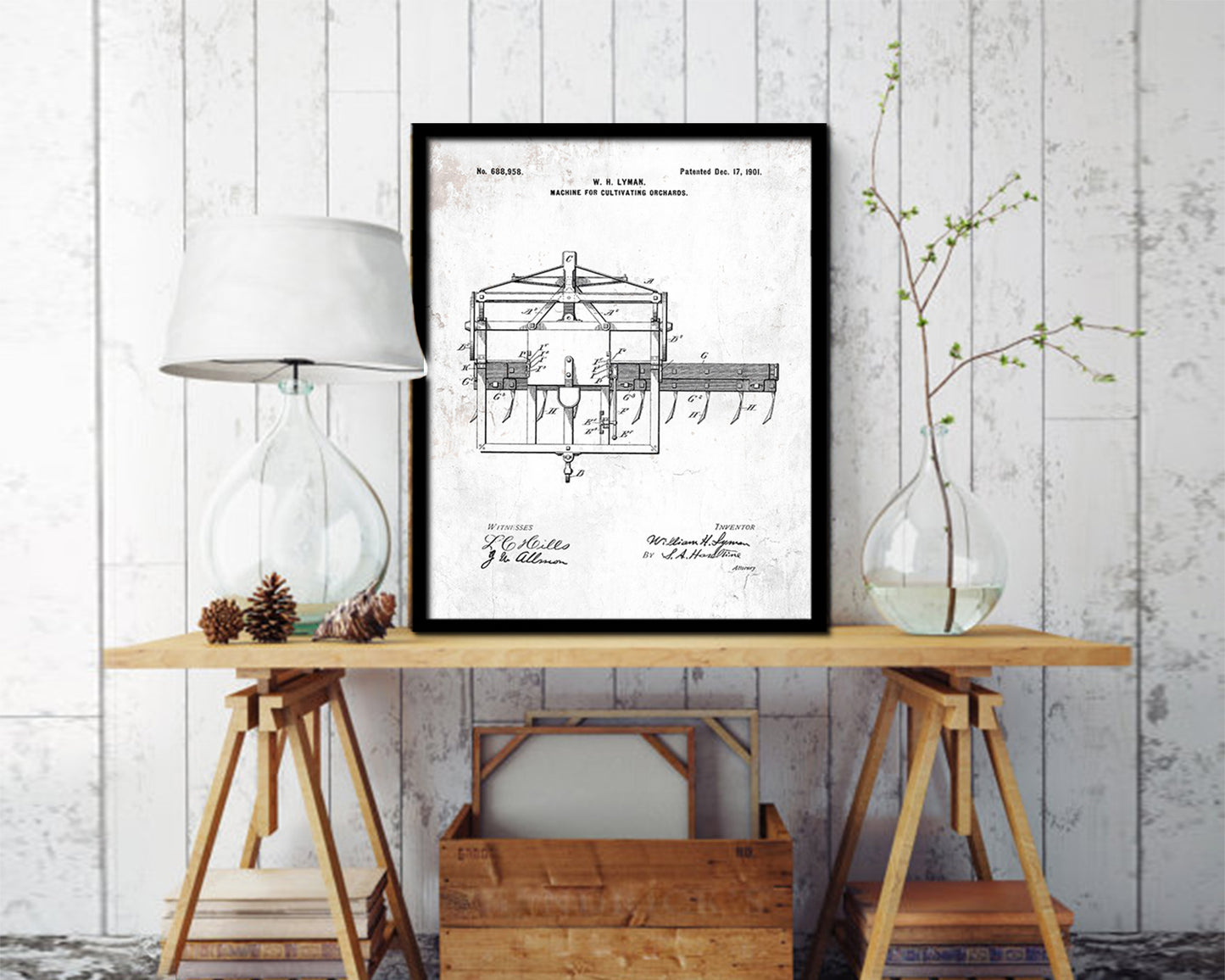 Cultivating Orchards Machine Vintage Patent Artwork Black Frame Print Gifts