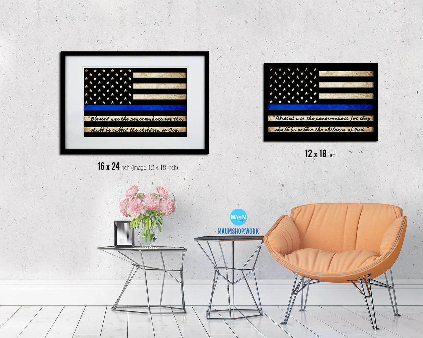 Thin Blue Line Honoring Law Enforcement American, Mathew 5-9 Vintage Military Flag Framed Print Art