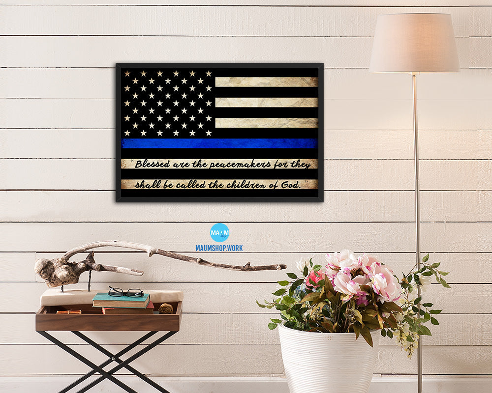 Thin Blue Line Honoring Law Enforcement American, Mathew 5-9 Vintage Military Flag Framed Print Art