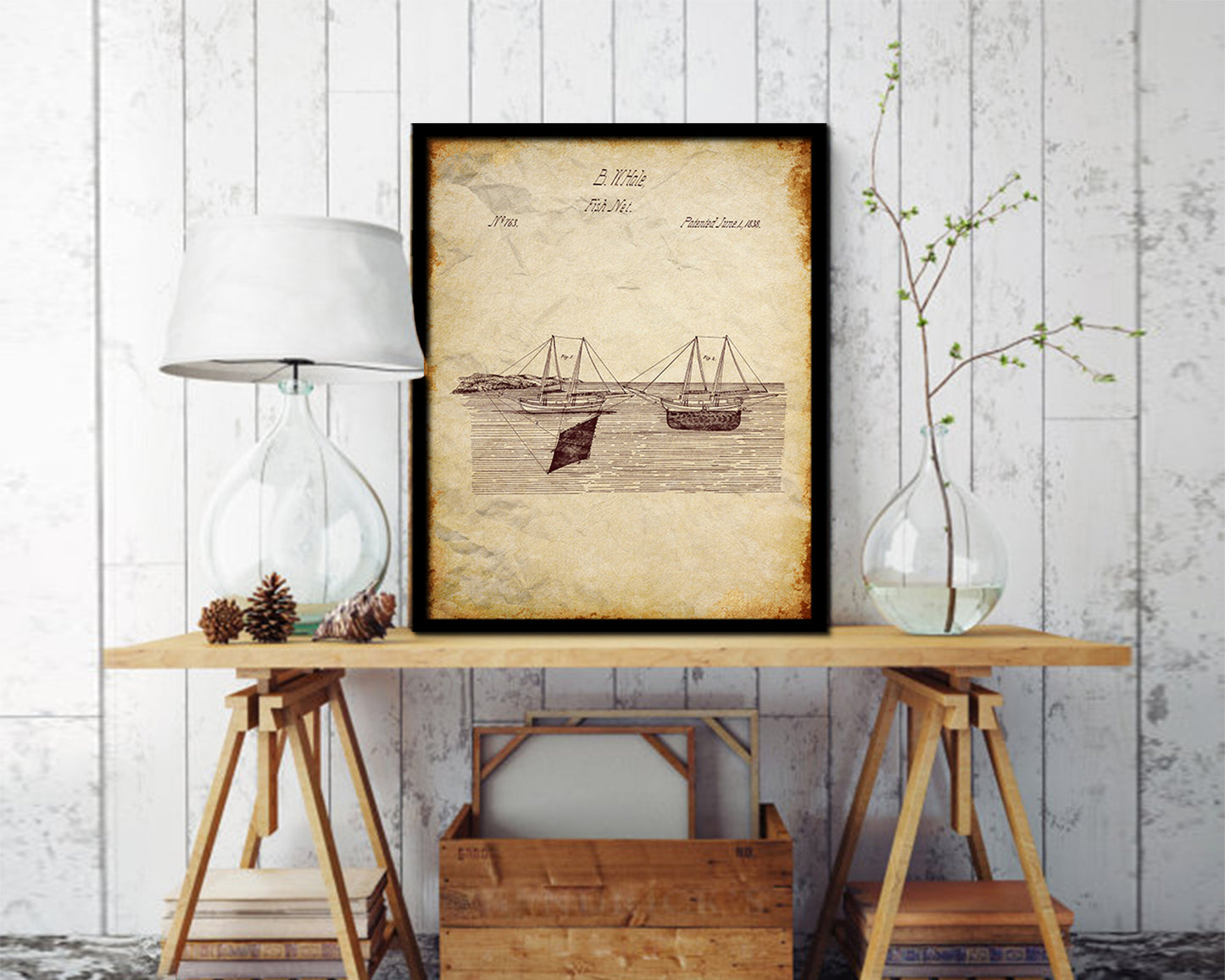 Fish Net Nautical Vintage Patent Artwork Walnut Frame Gifts