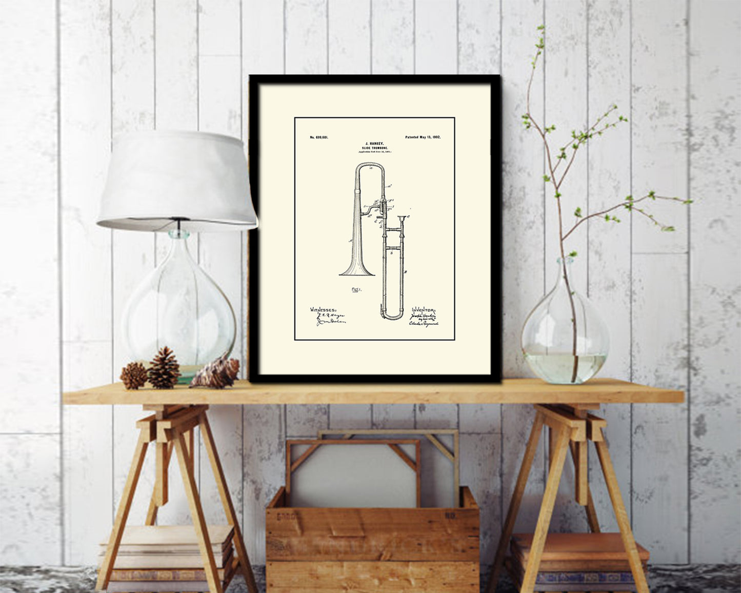 Slide Trombone Music Vintage Patent Artwork Black Frame Print Gifts