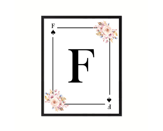 Letter F Personalized Boho Monogram Spade Card Decks Framed Print Wall Art Decor Gifts