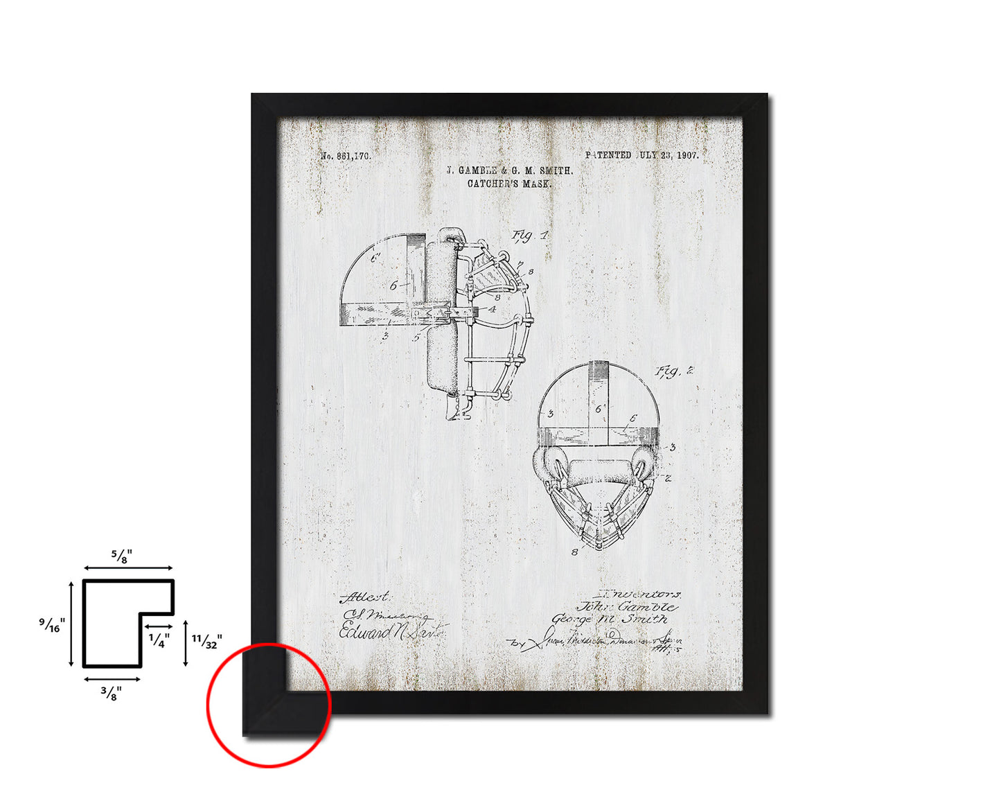 Baseball Catcher's Mask Sports Vintage Patent Artwork Black Frame Print Gifts