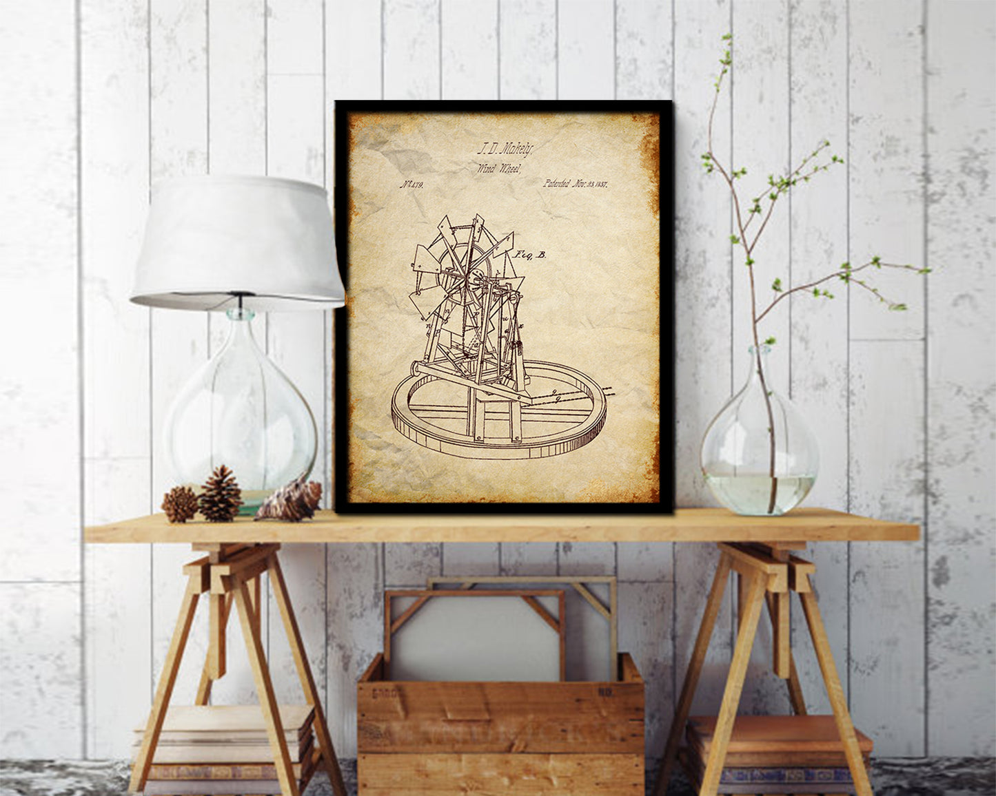 Wind Wheel Farming Vintage Patent Artwork Walnut Frame Gifts