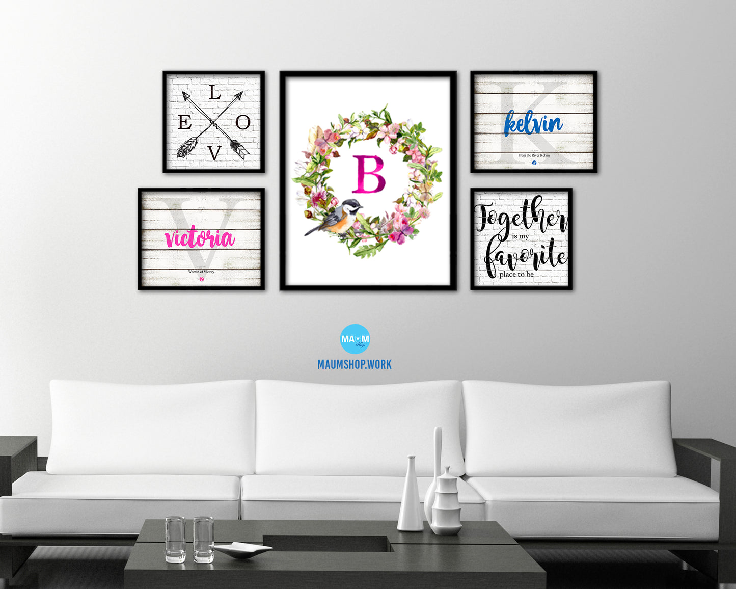 Letter B Floral Wreath Monogram Framed Print Wall Art Decor Gifts