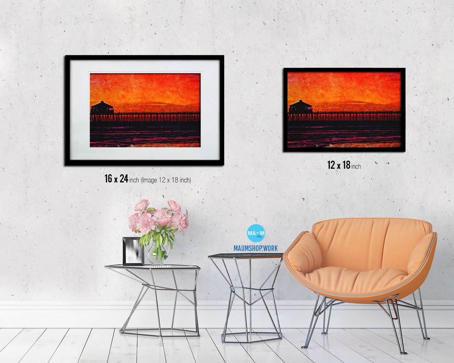 Huntington Beach Sunset Artwork Painting Print Art Frame Home Wall Decor Gifts