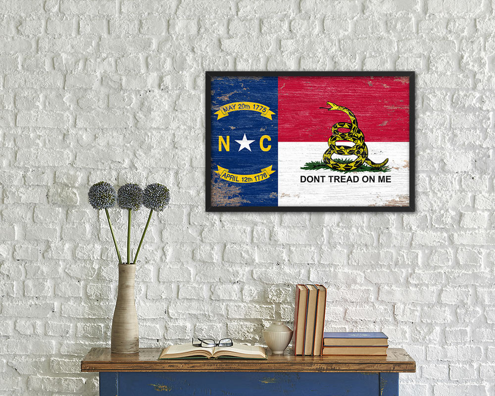 North Carolina State Gadsden Don't Tread On Me Shabby Chic Military Flag Framed Print Art