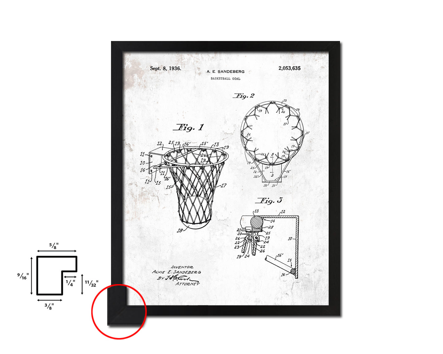 Basketball Goal Hoop and Net Sports Vintage Patent Artwork Black Frame Print Gifts