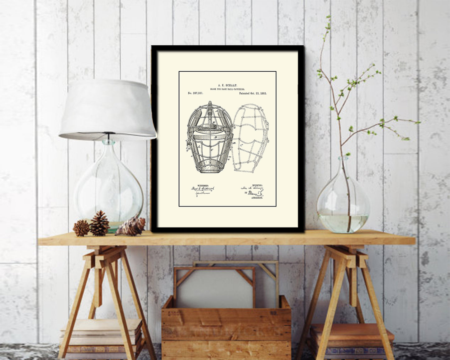 Baseball Mask for Catchers Sports Vintage Patent Artwork Black Frame Print Gifts