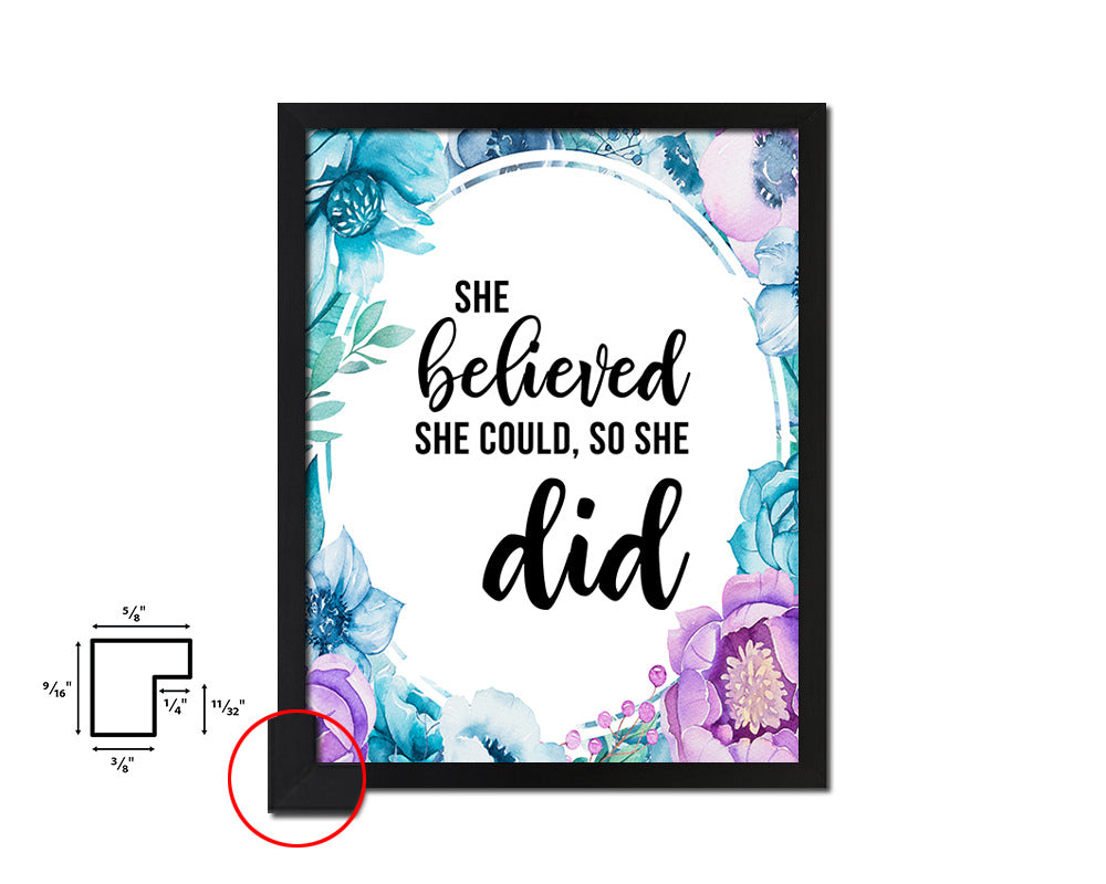 She believed she could so she did Quote Boho Flower Framed Print Wall Decor Art