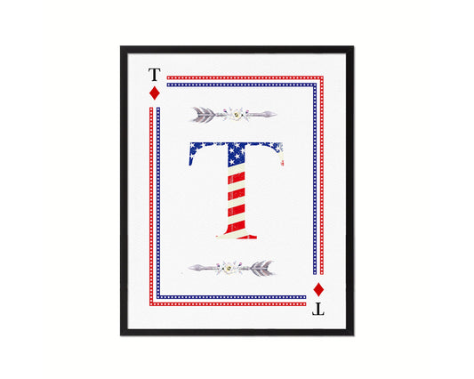 Letter T Custom Monogram Decks Diamond American Flag Framed Print Wall Art Decor Gifts