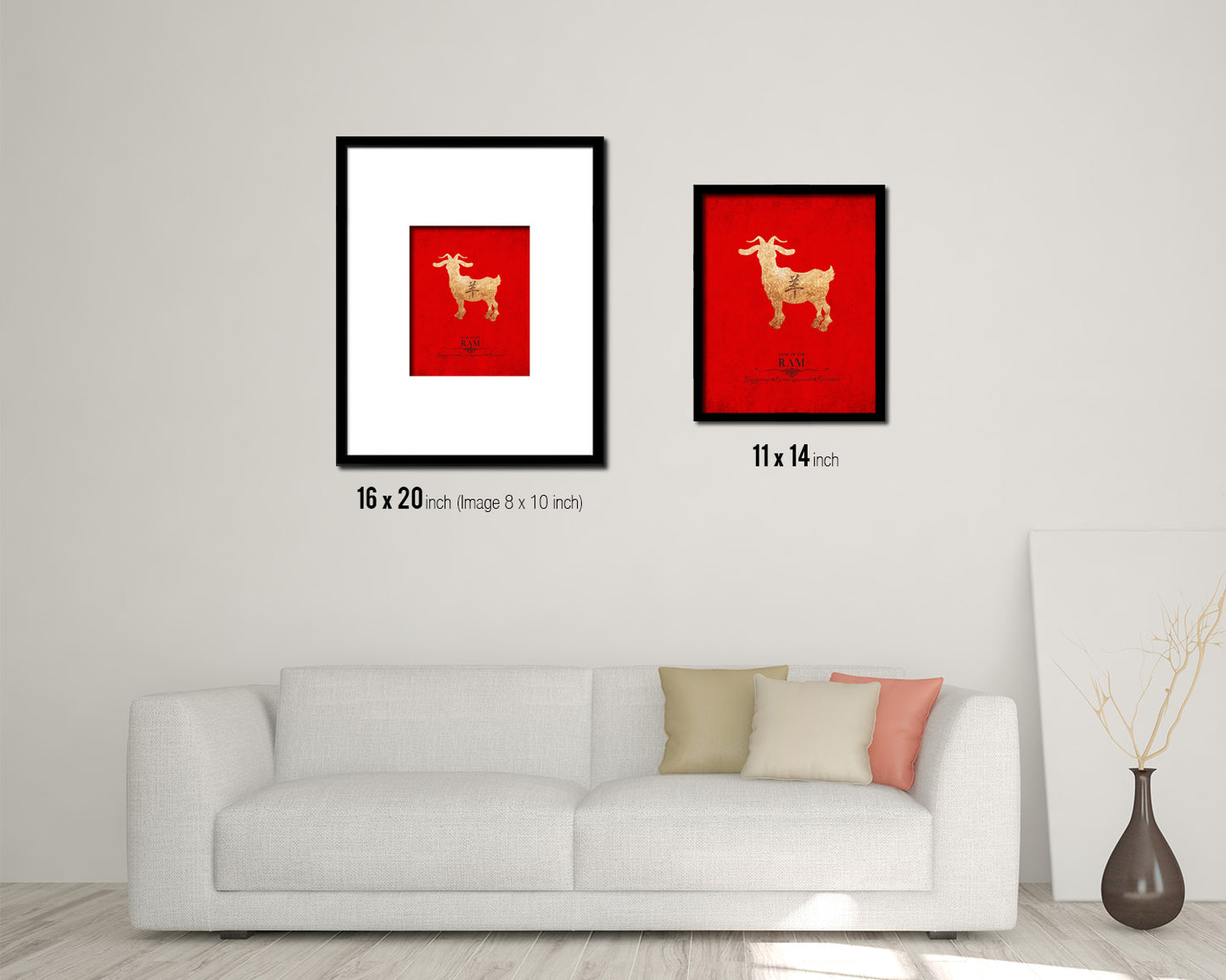 Ram Chinese Zodiac Character Black Framed Art Paper Print Wall Art Decor Gifts, Red