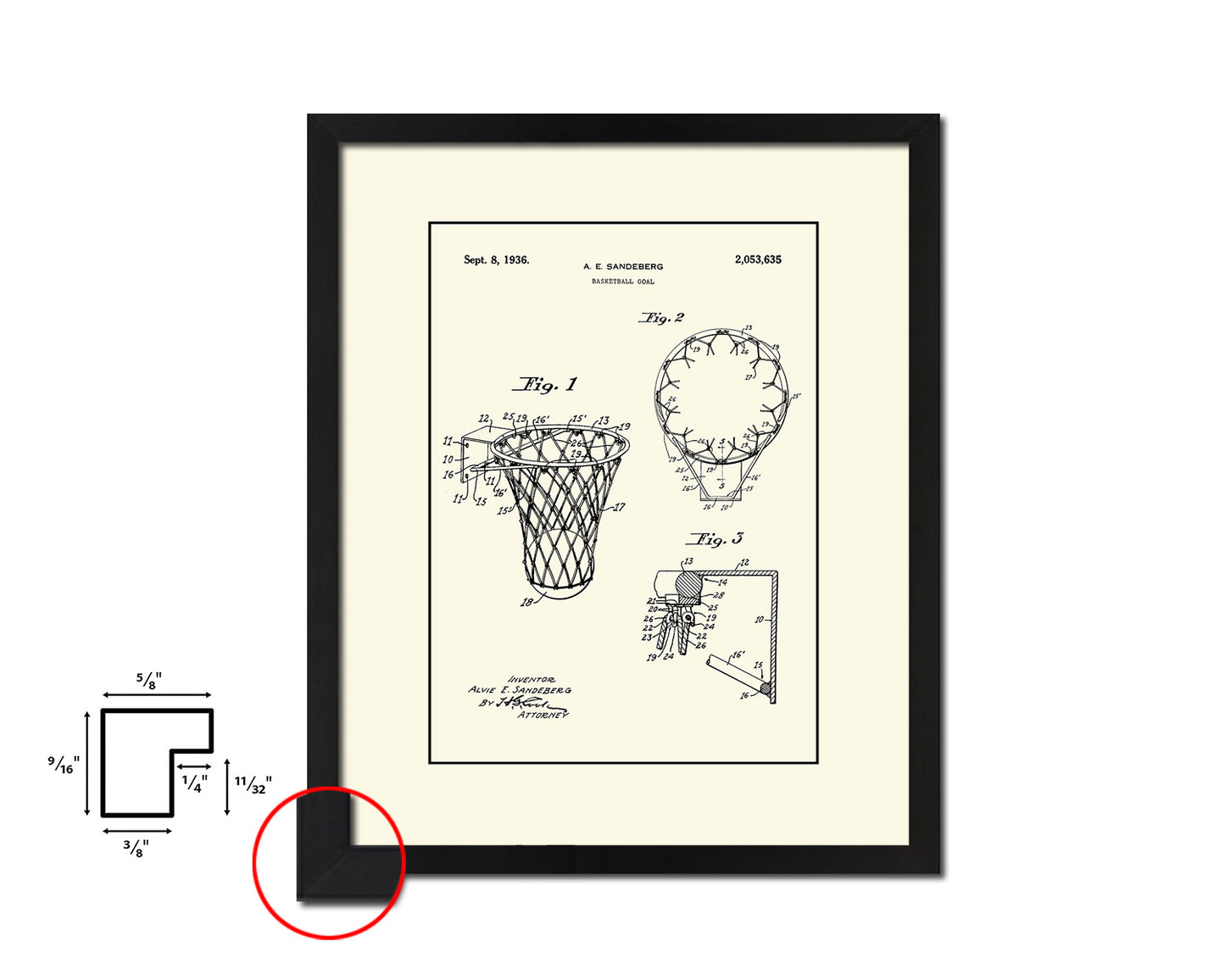 Basketball Goal Hoop and Net Sports Vintage Patent Artwork Black Frame Print Gifts