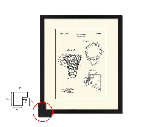 Basketball Goal Hoop and Net Sports Vintage Patent Artwork Black Frame Print Gifts