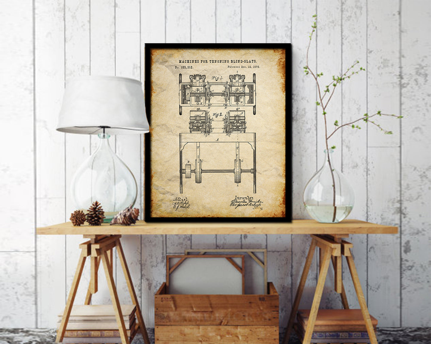 Tenoning Blind-Slats Machine Vintage Patent Artwork Walnut Frame Gifts