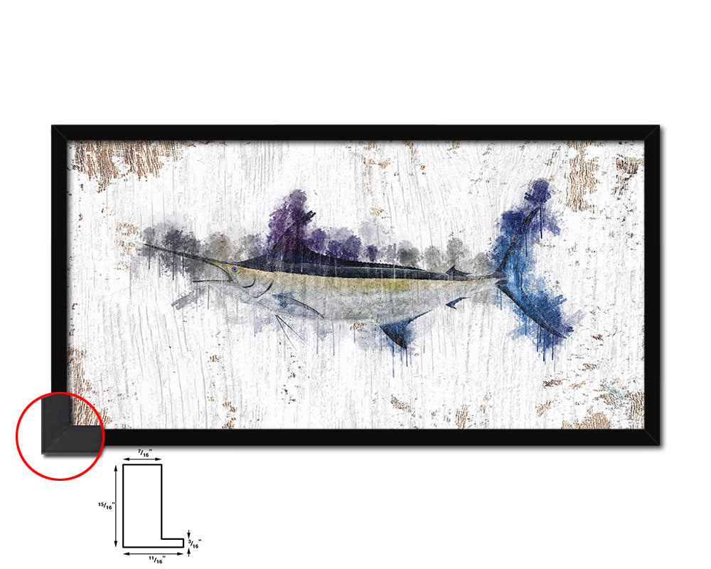 Black Marlin Fish Art Wood Frame Shabby Chic Restaurant Sushi Wall Decor Gifts, 10" x 20"