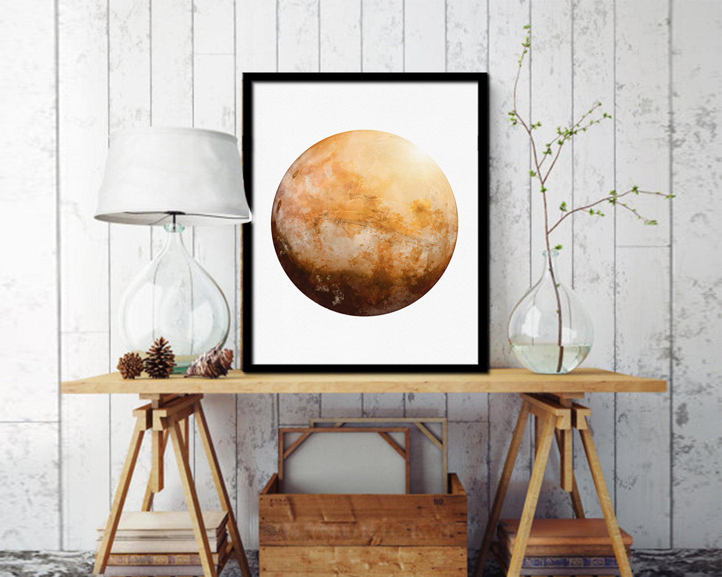 Mars Planet Prints Watercolor Solar System Wood Framed Paper Print Wall Art Decor Gifts